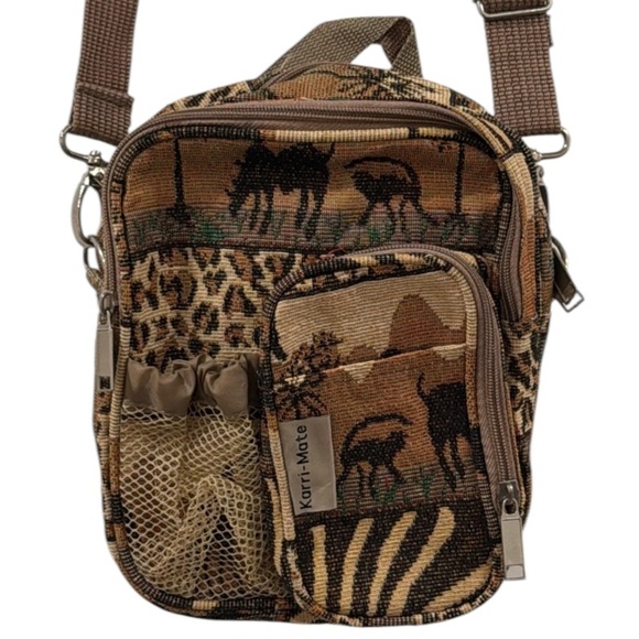 Vintage Karri-Mate Safari & Animal Print Tan & Black Tapestry Crossbody Bag - Picture 1 of 12